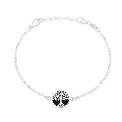 Sterling Silver Whitby Jet Round Tree of Life Chain Bracelet