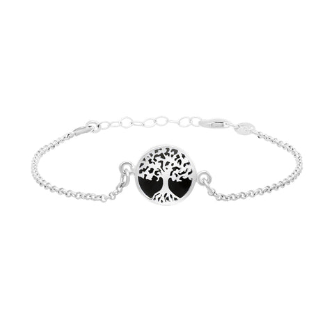 Sterling Silver Whitby Jet Round Tree of Life Chain Bracelet