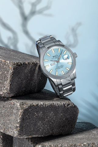 Ball Watch Company Engineer III Marvelight Chronometer Day Date Watch with blue dial, steel bracelet, steel case