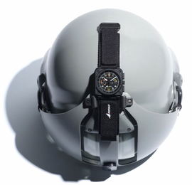 Helmet with a watch attached on a white background