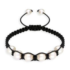 Black Leather White Pearl Bracelet, B853.