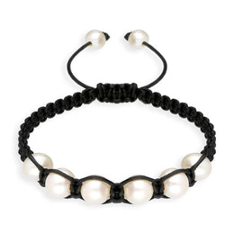 Black Leather White Pearl Bracelet, B853.