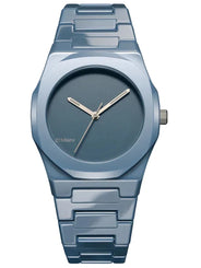 A minimalist wristwatch with a glossy blue-gray metal case and link bracelet, featuring a matching blue-gray dial with silver-tone hands and the D1 Milano brand name.