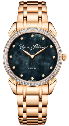 Cuervo y Sobrinos Watch Historiador Primera Dama Gold PVD Diamond Black Bracelet 3113B.7N-S1