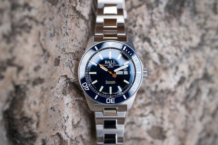 Ball Watch Company Engineer Master II Skindiver Heritage Watch with blue dial, steel bracelet, steel case