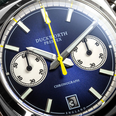 Duckworth Prestex Watch Chronograph 42 Blue Sunburst Grey Leather