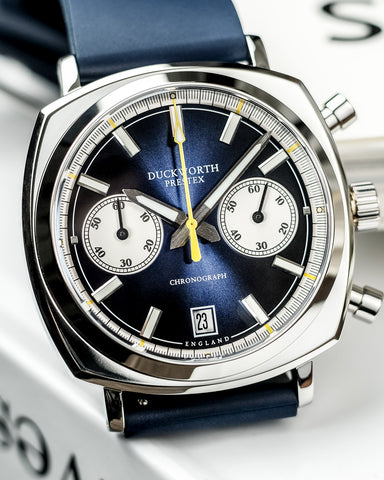 Duckworth Prestex Chronograph 42 Blue Sunburst Blue Rubber Watch
