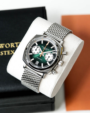 Duckworth Prestex Watch Chronograph 42 Green Sunburst Mesh Bracelet