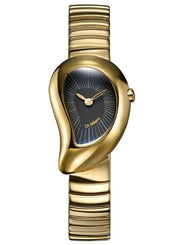 A gold-tone wristwatch with an asymmetrical, sculptural oval case and a dark gray sunburst dial, shown against a plain white background.