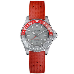 A Davosa wristwatch with a silver-toned stainless steel case, a gray dial, a red and black bezel, and a textured red rubber strap, shown against a plain white background.