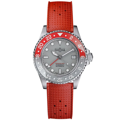 A Davosa wristwatch with a silver-toned stainless steel case, a gray dial, a red and black bezel, and a textured red rubber strap, shown against a plain white background.
