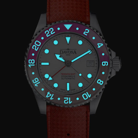 Davosa Ternos GMT Lucent Grey Red Red Rubber Watch Luminated