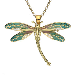18ct Yellow Gold Diamond Enamel House Style Dragonfly Brooch Necklace M306C