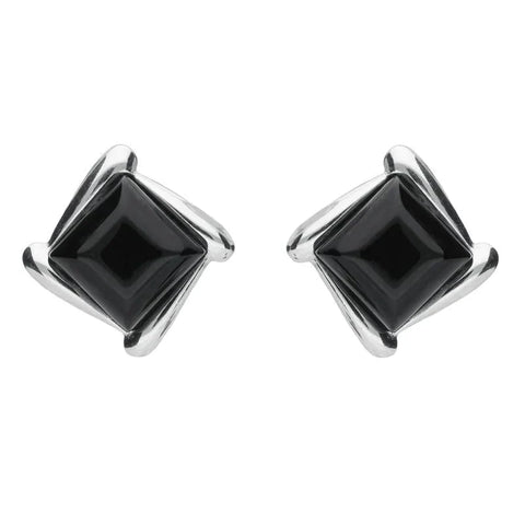 Sterling Silver Whitby Jet Square Wave Stud Earrings, E2175.