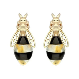 00179075 9ct Yellow Gold Whitby Jet Amber Bee Stud Earrings, E2424.