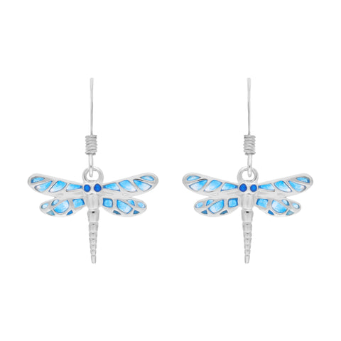 Sterling Silver Blue Enamel Dragonfly Hook Earrings