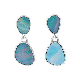 Sterling Silver Opal Two Stone Oval Doublet Drop Earrings
