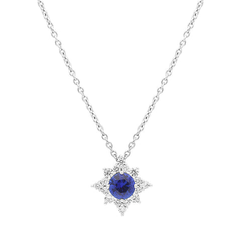 18ct White Gold Sapphire Diamond Flower Cluster Necklace