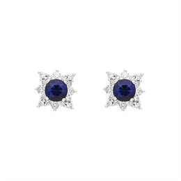 18ct White Gold Sapphire Diamond Round Cut Star Cluster Stud Earrings