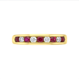 18ct Yellow Gold Ruby Diamond Channel Set Half Eternity Ring