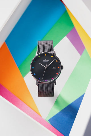 Junghans Form A Bauhaus Limited Edition Watch with black dial, black pvd strap, steel case