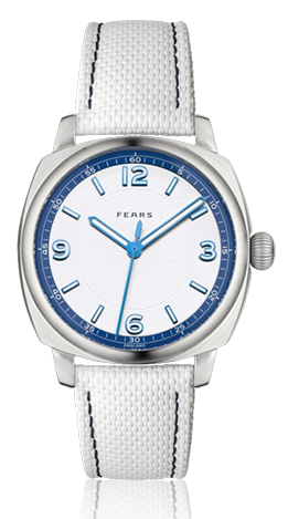 White watch with blue accents on a white background