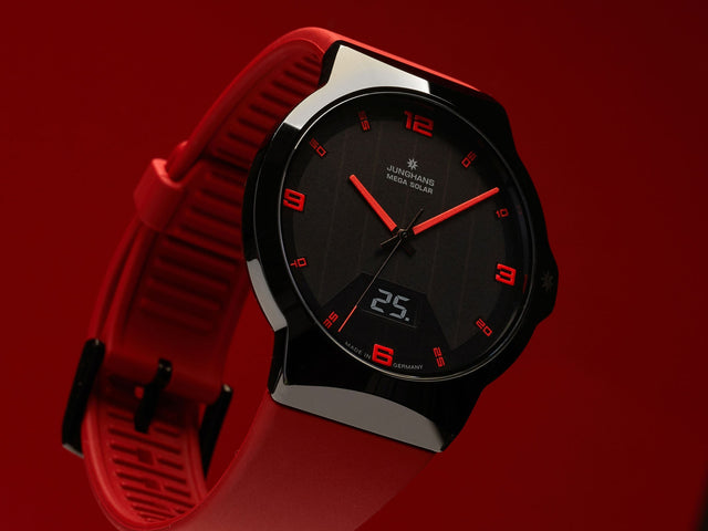 Junghans Force Mega Solar Watch with black dial, rubber strap, ceramic case