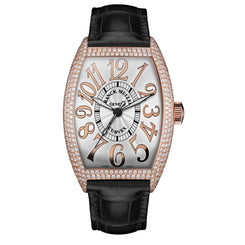 A luxury watch by Franck Muller, featuring a rose gold-tone case encrusted with pavé diamonds, a white dial with large rose gold Arabic numerals, and a black alligator leather strap.
