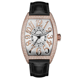 Franck Muller Cintrée Curvex watch with a rose gold pavé-diamond case, white dial with rose gold Arabic numerals, and black alligator leather strap.