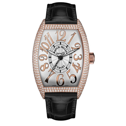 Franck Muller Cintrée Curvex watch with a rose gold pavé-diamond case, white dial with rose gold Arabic numerals, and black alligator leather strap.