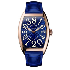Franck Muller Crazy Hours wristwatch with a blue textured dial, large white Arabic numerals, rose gold case, and blue alligator leather strap on a white background.