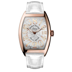 Franck Muller Crazy Hours wristwatch with a white alligator leather strap, rose gold case, and a white dial featuring large rose gold Arabic numerals.