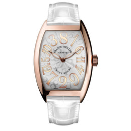 Franck Muller Cintrée Curvex Crazy Hours watch with a white dial, rose gold Arabic numerals, rose gold case, and white alligator leather strap.