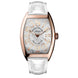 Franck Muller Cintrée Curvex Crazy Hours watch with a white dial, rose gold Arabic numerals, rose gold case, and white alligator leather strap.
