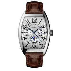 Franck Muller Geneve watch with a silver-tone tulip case, white dial with black Arabic numerals, blue hands, and a brown leather strap on a white background.