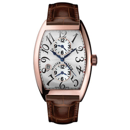 Franck Muller Cintrée Curvex Master Banker watch with a white dial, black Arabic numerals, rose gold case, and brown alligator leather strap.
