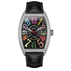 Franck Muller Color Dreams wristwatch with a black dial, colorful numerals, a diamond-encrusted silver case, and a black alligator leather strap.