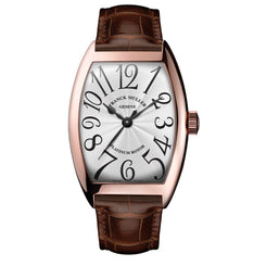 Franck Muller Genève watch with a silver dial, black Arabic numerals, and a brown leather strap, shown on a white background.