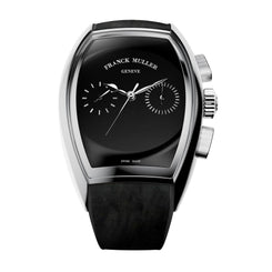 Franck Muller watch with a black dial, silver-tone case, and black strap, shown on a plain white background.