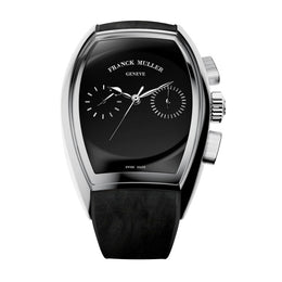 Franck Muller Curvex CX Piano watch with a glossy black dial, stainless steel case, and black leather strap.