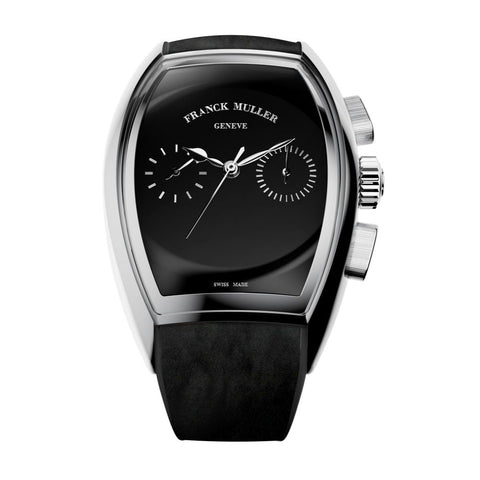 Franck Muller Curvex CX Piano watch with a glossy black dial, stainless steel case, and black leather strap.