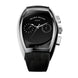 Franck Muller Curvex CX Piano watch with a glossy black dial, stainless steel case, and black leather strap.