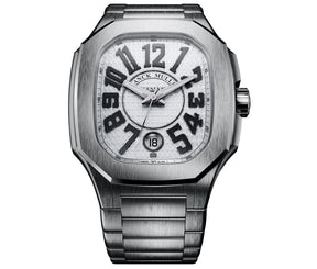 A Franck Muller watch with a brushed silver-tone metal case and bracelet, featuring a white textured dial with oversized black Arabic numerals and a date window at the 6 o'clock position.