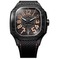 A luxury wristwatch with a black carbon fiber case, a textured black strap with subtle orange stitching, and a dial featuring large rose gold Arabic numerals and hands.