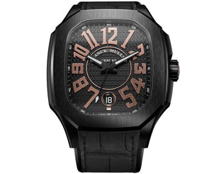 A Franck Muller watch with a black carbon fiber case, black dial, and rose gold-tone numerals and hands, shown against a plain white background.