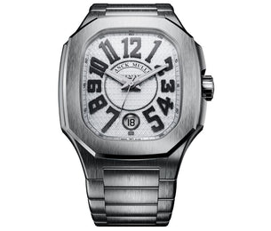 Franck Muller Imperium Bloc watch with a white textured dial, oversized black Arabic numerals, and a brushed stainless steel case and bracelet.