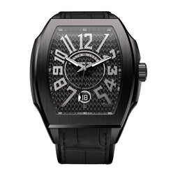 A black men's watch with a bold, angular case, a textured black dial with large white Arabic numerals, and a black leather strap, shown against a plain white background.
