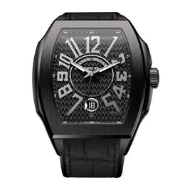 Franck Muller Imperium Curve watch with a textured black dial, large white Arabic numerals, and a black PVD case with black leather strap.