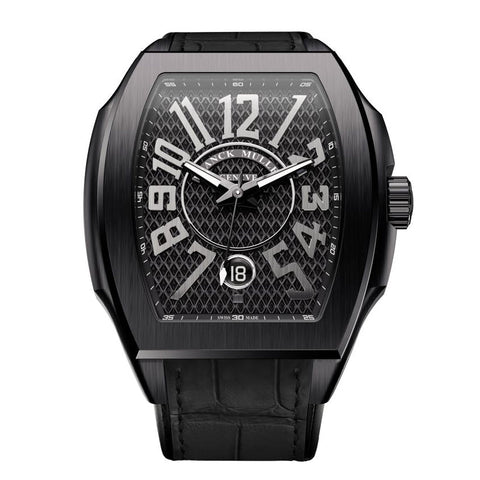 Franck Muller Imperium Curve watch with a textured black dial, large white Arabic numerals, and a black PVD case with black leather strap.