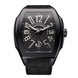 Franck Muller Imperium Curve watch with a textured black dial, large white Arabic numerals, and a black PVD case with black leather strap.